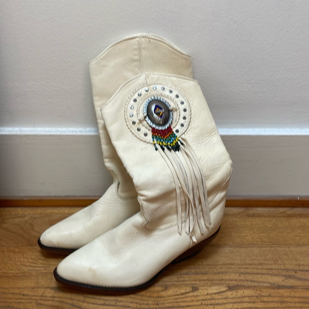 White Leather Beaded Cowboy Boots